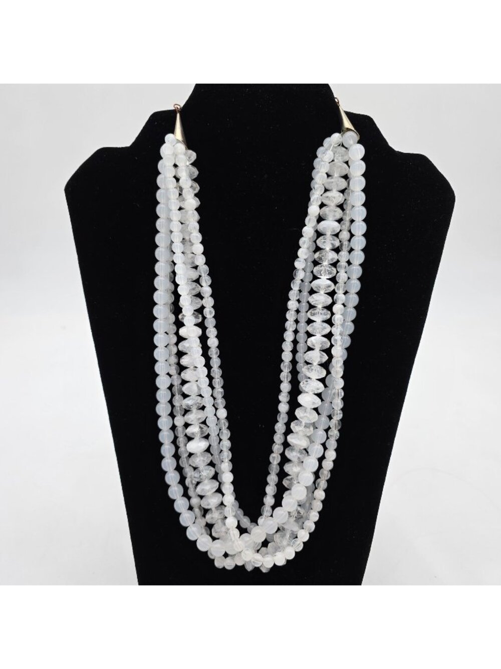 White Acrylic Multi-Strand Necklace Graduated Beads Silver Tone Cones UV Reactiv